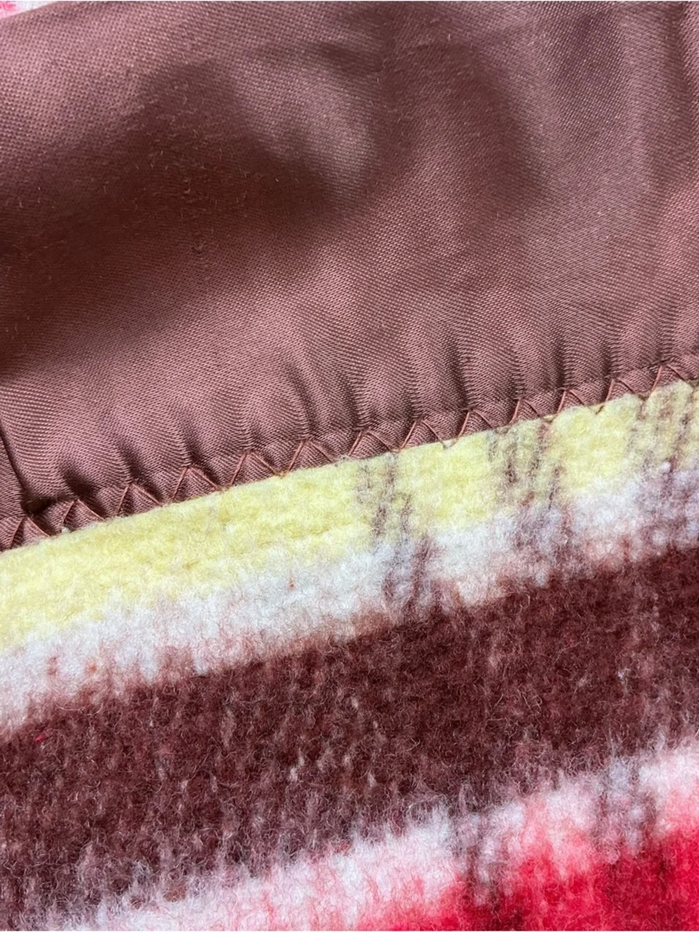Vintage plaid brown/yellow/red wool blanket W/satin binding 70 x 82